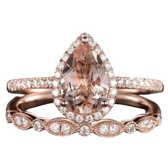 Pear Water Drop Shaped Engagement Ring Set Morganite Bridal Set Rose Gold Halo - Picture 1 of 4